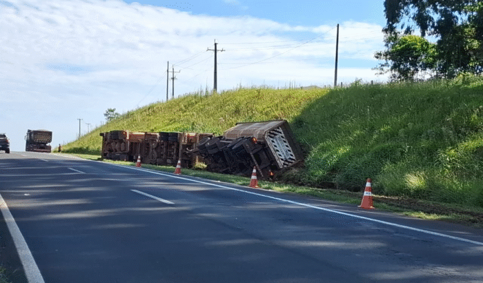 Bitrem tomba na PR-151 entre Castro e Piraí do Sul e motorista sai ileso